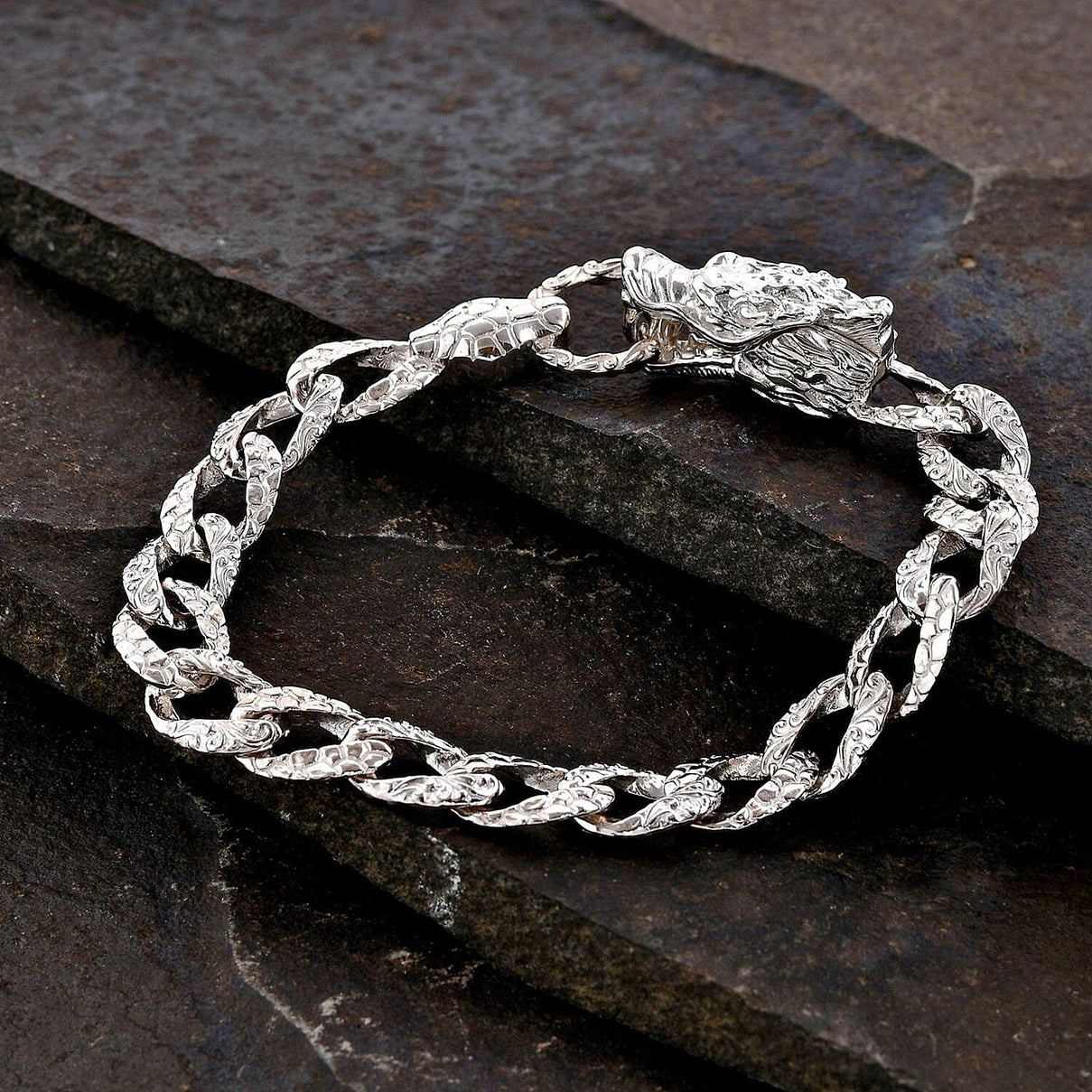 Royal Bali Collection - Sterling Silver Dragon Curb Chain Bracelet (Size - 7.5), Silver Wt. 29.28 Gms 7672590 2
