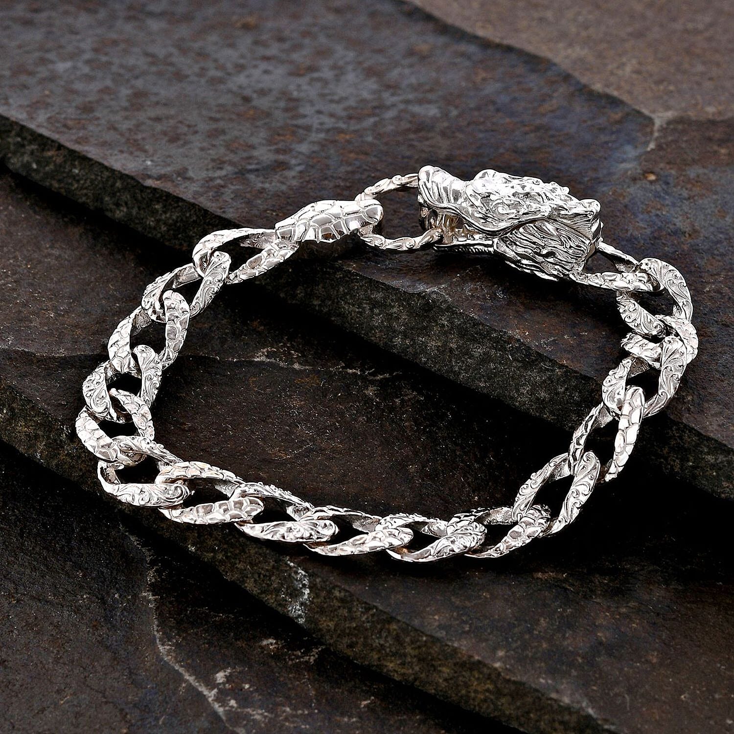 Royal Bali Collection - Sterling Silver Dragon Curb Chain Bracelet (Size - 7.5), Silver Wt. 29.28 Gms 7672590 2