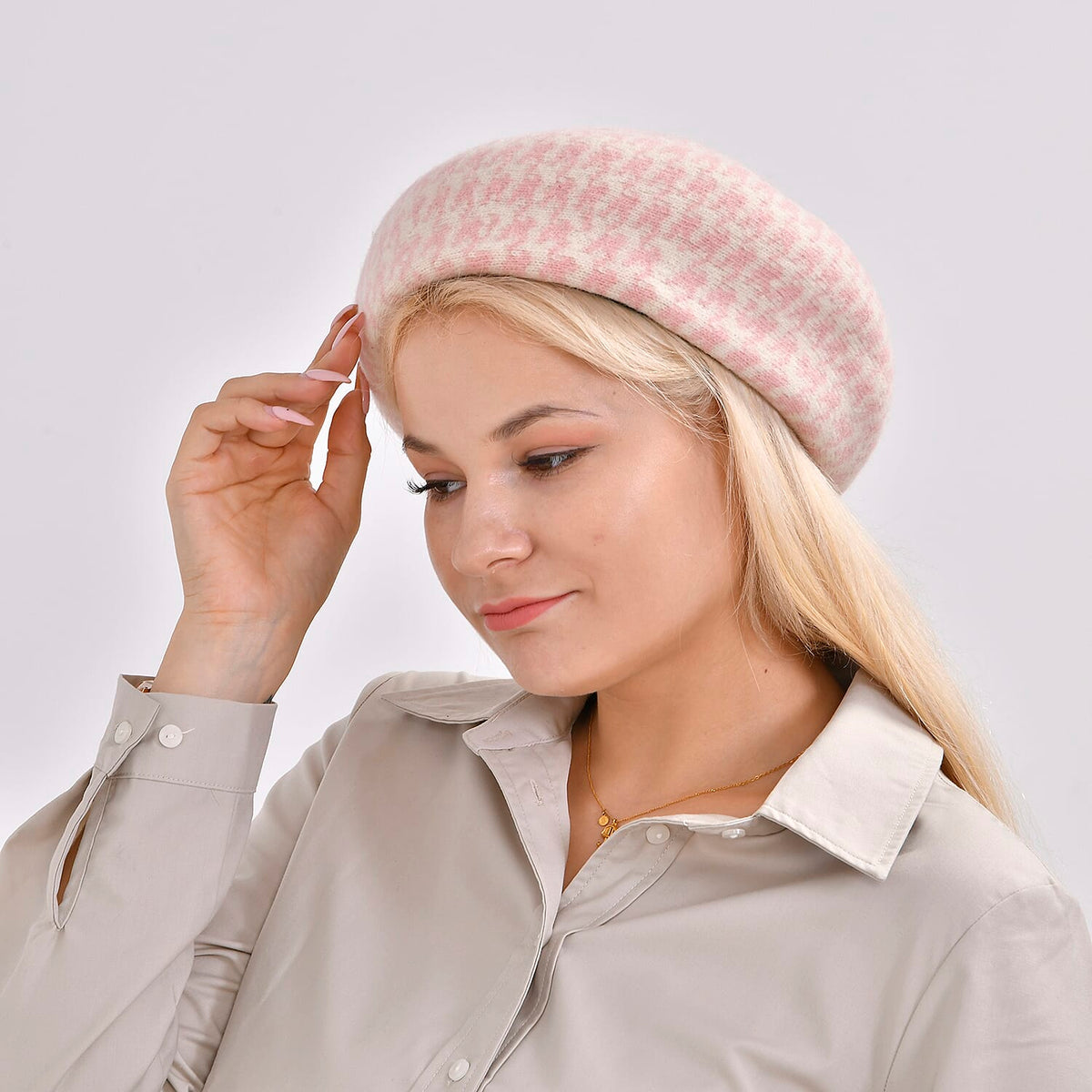 Woollen Houndstooth Pattern Beret Cap - Pink (90% Wool) 7673264 2