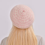 Woollen Houndstooth Pattern Beret Cap - Pink (90% Wool)