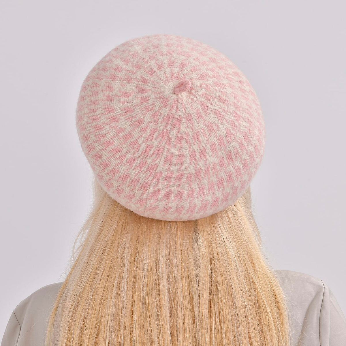 Woollen Houndstooth Pattern Beret Cap - Pink (90% Wool) 7673264 3