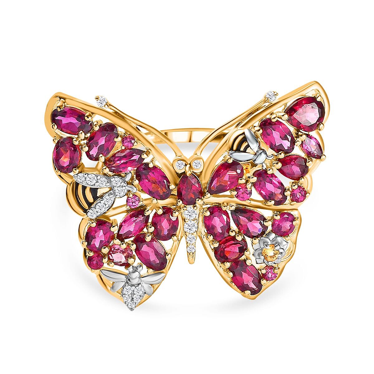 GP Italian Garden Collection - Rhodolite Garnet, Citrine, White Zircon Butterfly Ring in Platinum and 18K Vermeil Yellow Gold Plated Sterling Silver 7674018 0