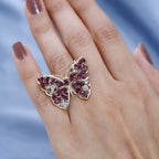 GP Italian Garden Collection - Rhodolite Garnet, Citrine & Natural Zircon Butterfly Ring in Platinum Overlay & 18K Vermeil YG Plated Sterling Silver 5.93 Ct, Silver Wt. 7.00 Gms