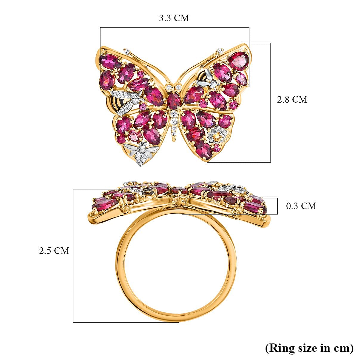 GP Italian Garden Collection - Rhodolite Garnet, Citrine, White Zircon Butterfly Ring in Platinum and 18K Vermeil Yellow Gold Plated Sterling Silver 7674018 5