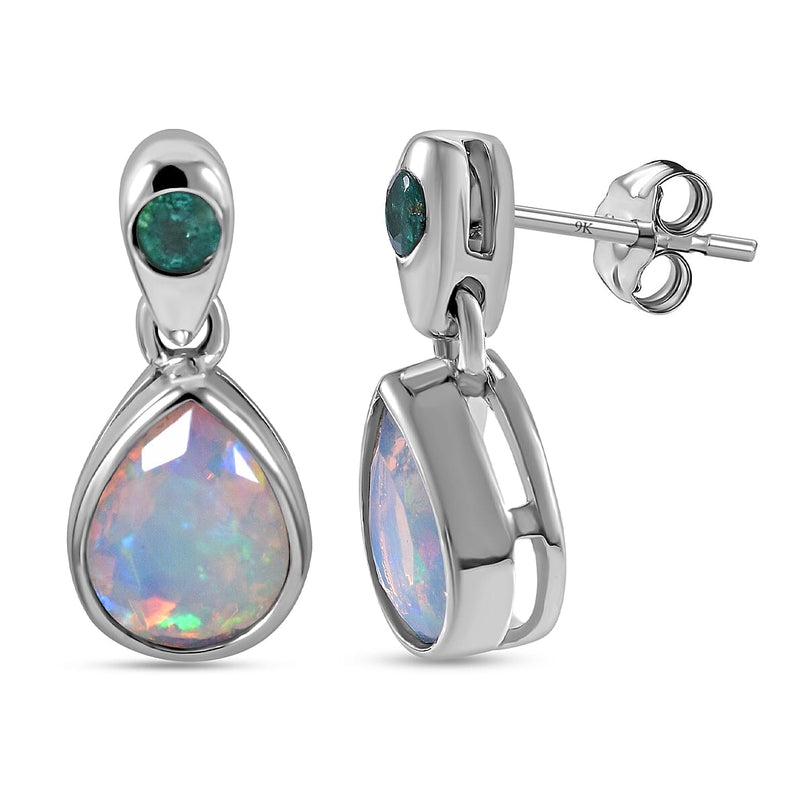 Ethiopian Welo Opal & Zambian Emerald Dangle Earrins in Rhodium Overlay Sterling Silver 2.22 Ct