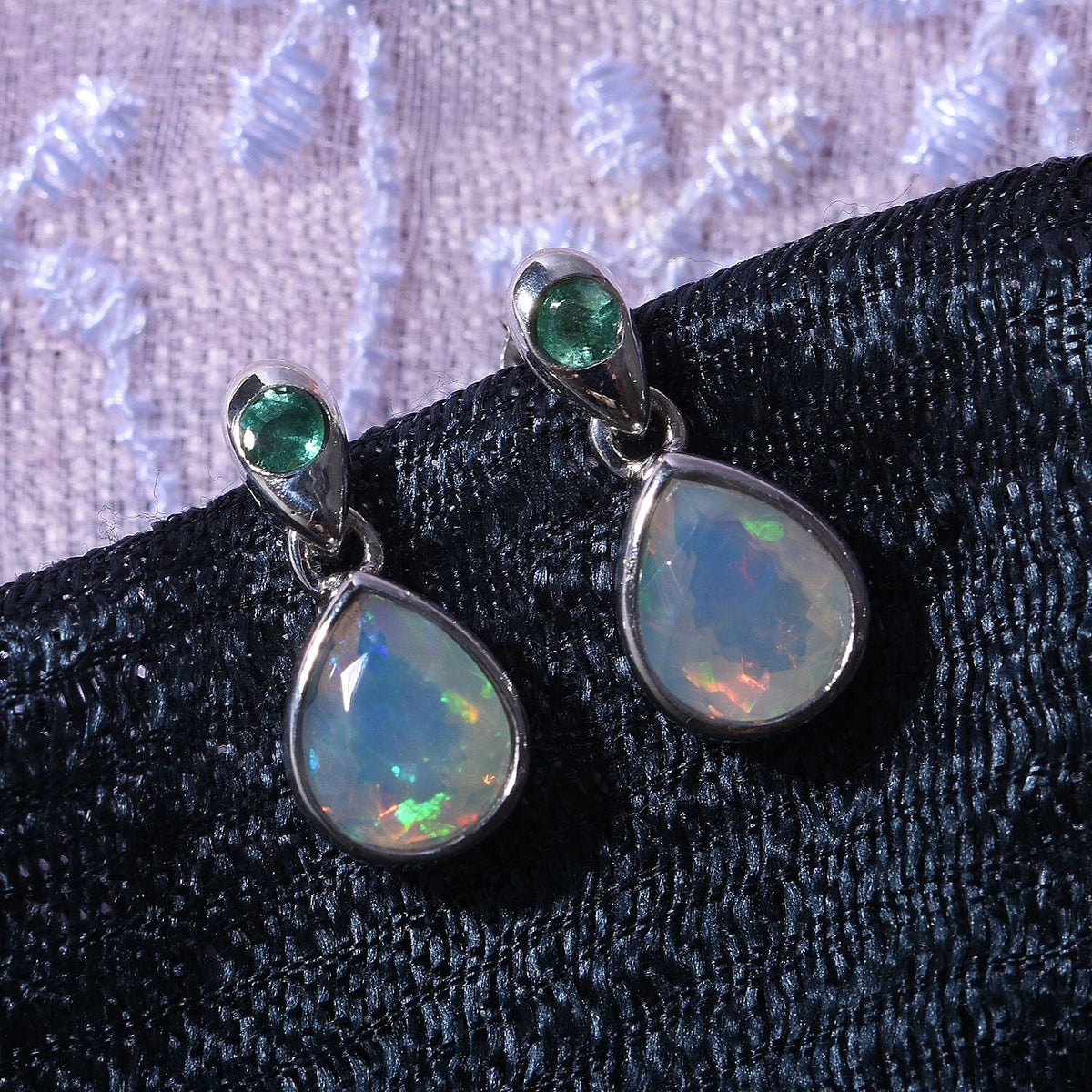 Ethiopian Welo Opal &amp; Zambian Emerald Dangle Earrins in Rhodium Overlay Sterling Silver 2.22 Ct 7676196 2