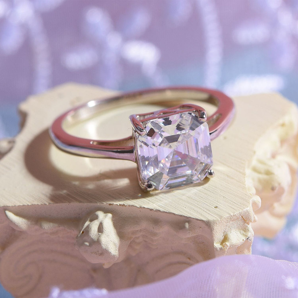 Cubic Zirconia Solitaire Ring in Rhodium Overlay Sterling Silver