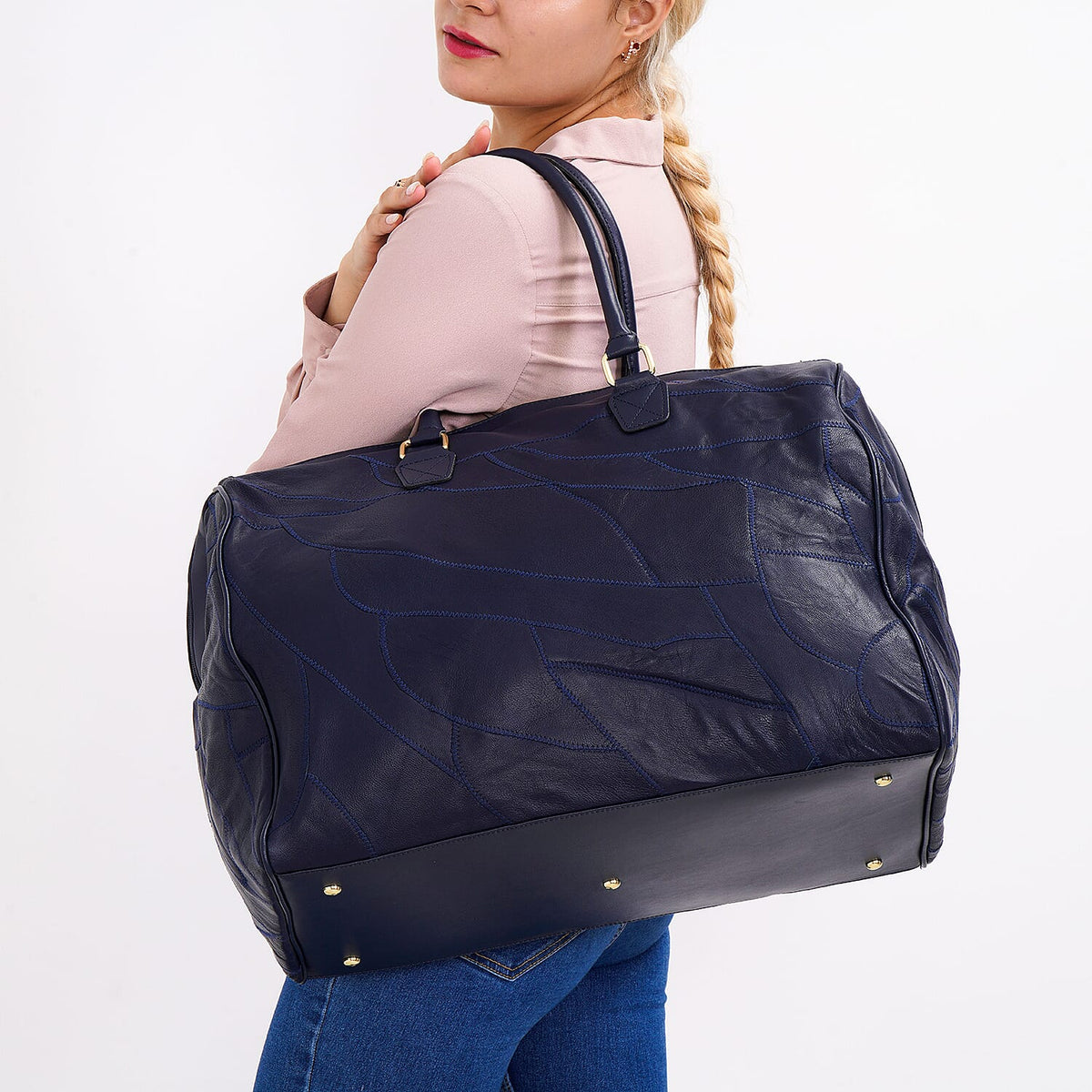 100% Genuine Leather DUFFLE Bag With Detachable Shoulder Strap - Navy 7676691 3