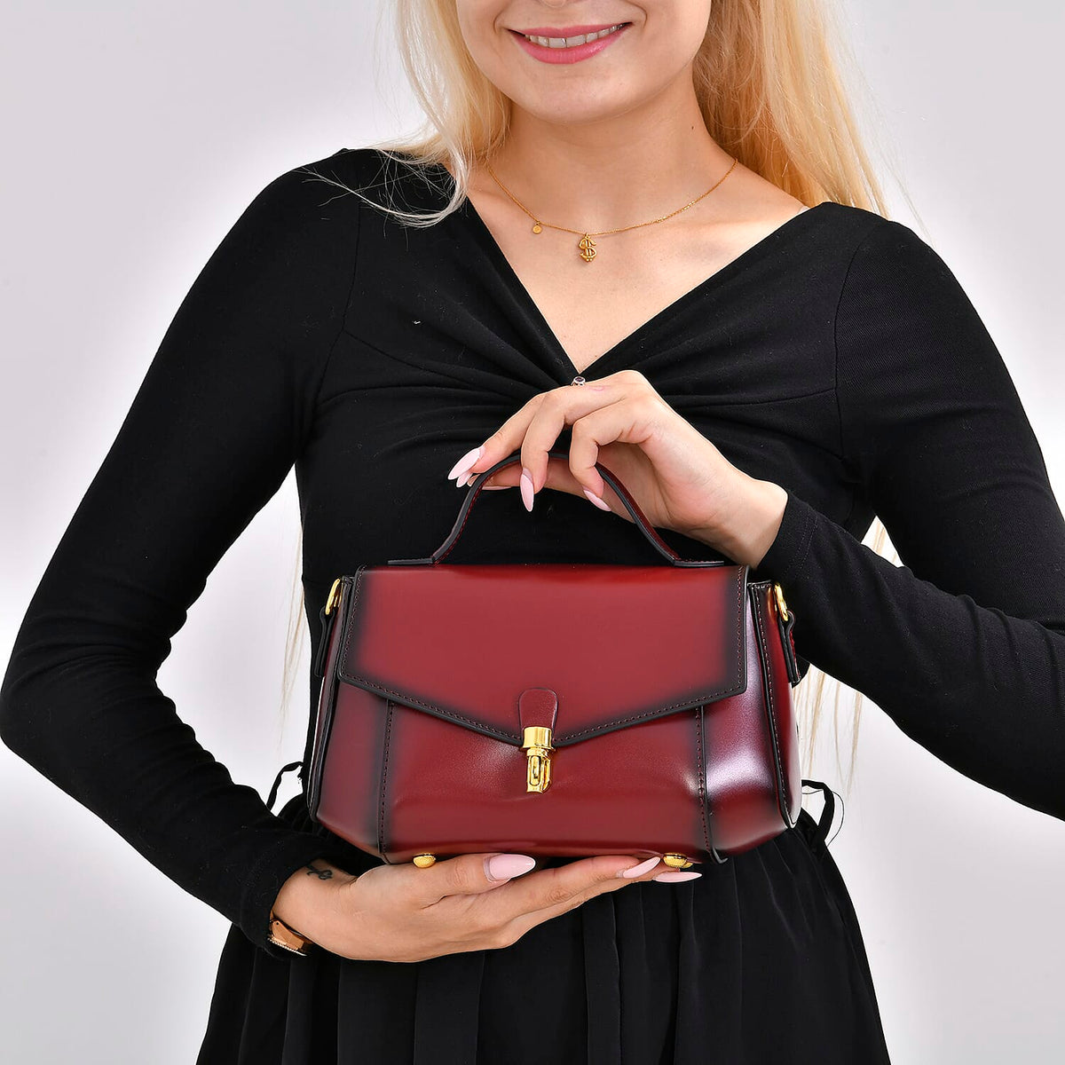 Designer Close Out - Genuine Leather Crossbody Bag with Shoulder Strap &amp; Exterior Zipped Pocket - Burgundy 7676912 2