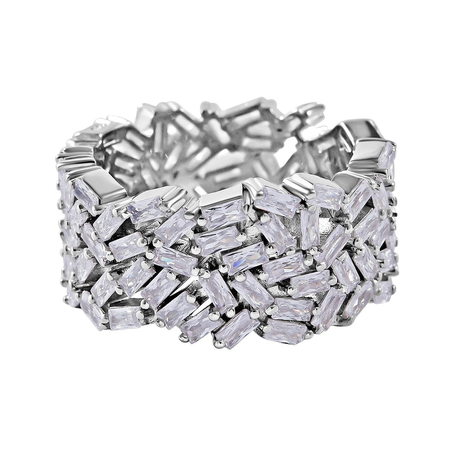 Lustro Stella - Cubic Zirconia Fire Cracker Full Eternity Band Ring in Rhodium Overlay Sterling Silver, Silver  Wt 7.10 Gms 7681310 0