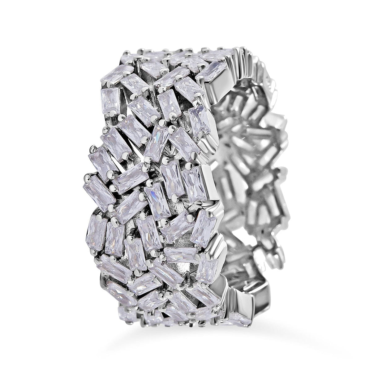 Lustro Stella - Cubic Zirconia Fire Cracker Full Eternity Band Ring in Rhodium Overlay Sterling Silver, Silver  Wt 7.10 Gms 7681310 4
