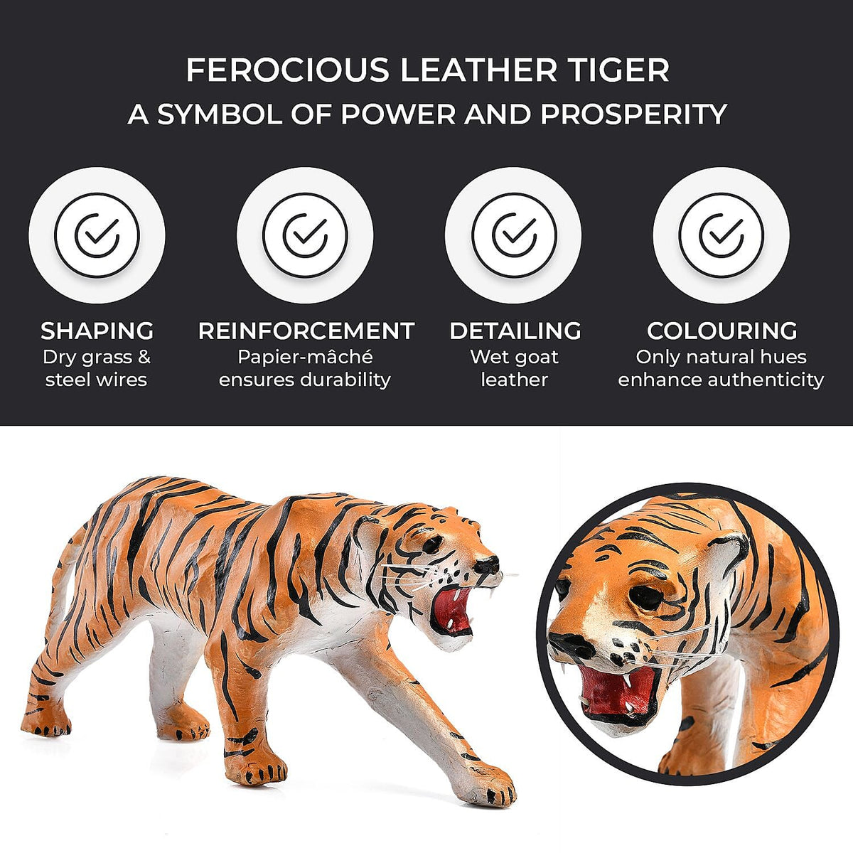 Handcrafted Pure Leather Tiger Figurine (Size 35x18x7 cm) - Brown 7685188 2