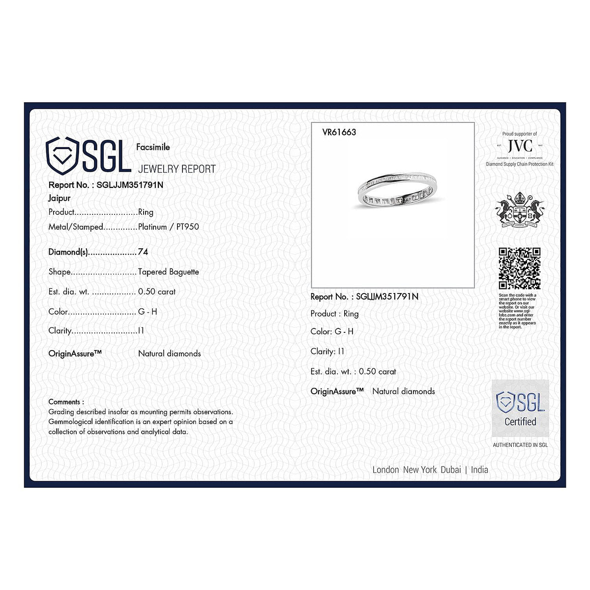 Signature Collection - 950 Platinum SGL Certified (I1-G-H)  Diamond Ring 0.50 Ct. 7687155 6