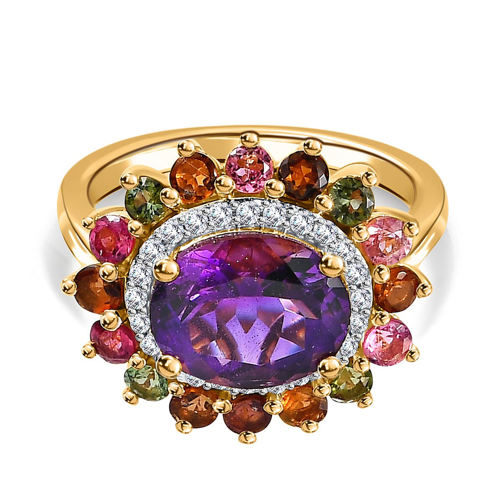 Moroccan Amethyst, Natural Zircon & Multi-Tourmaline Floral Ring in 18K Yellow Gold Vermeil Plated Sterling Silver 4.18 Ct.