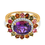 Moroccan Amethyst, Natural Zircon & Multi-Tourmaline Floral Ring in 18K Yellow Gold Vermeil Plated Sterling Silver 4.18 Ct.