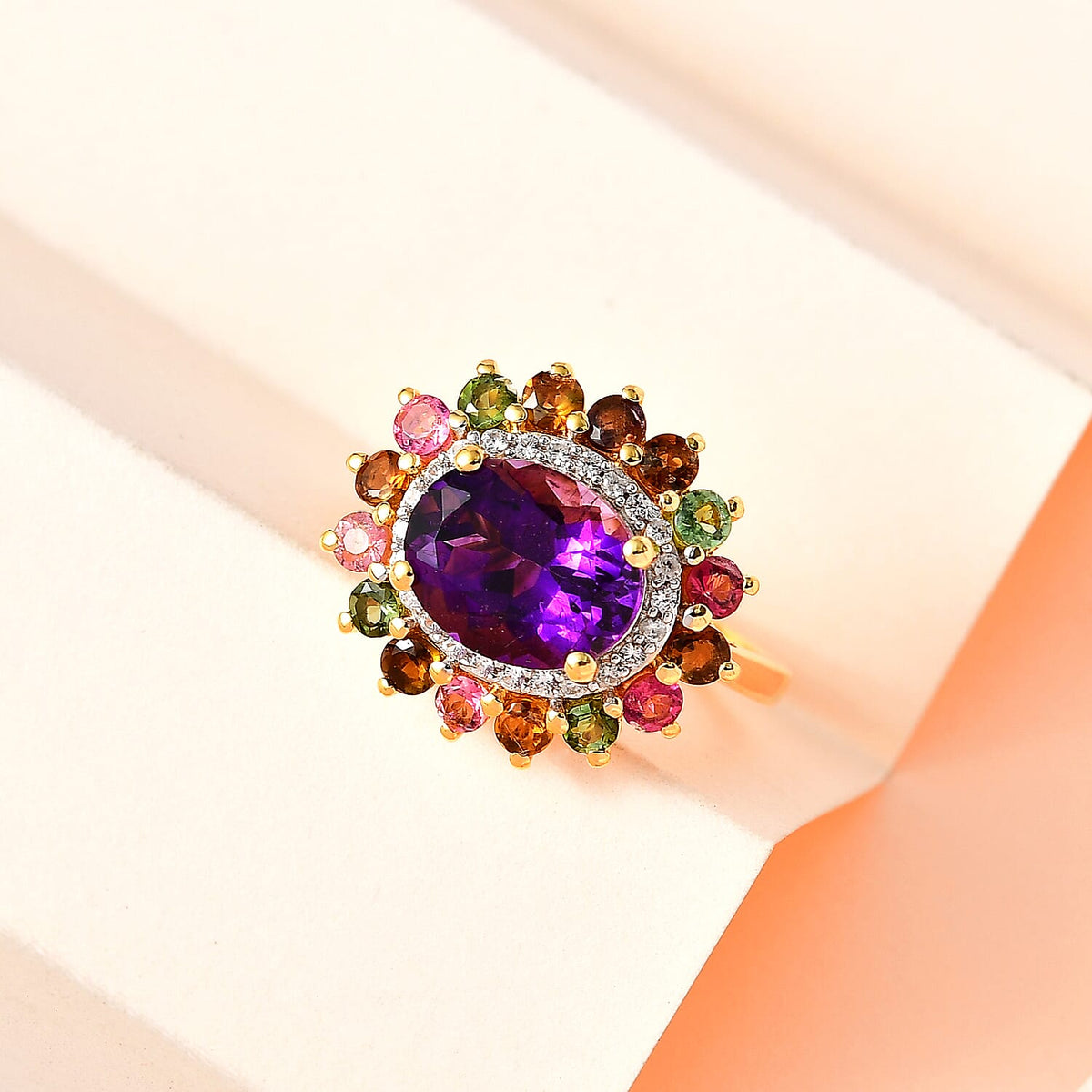 Moroccan Amethyst, White Zircon, Multi-Tourmaline Halo Ring in 18K Vermeil Yellow Gold Plated Sterling Silver 7693036 1