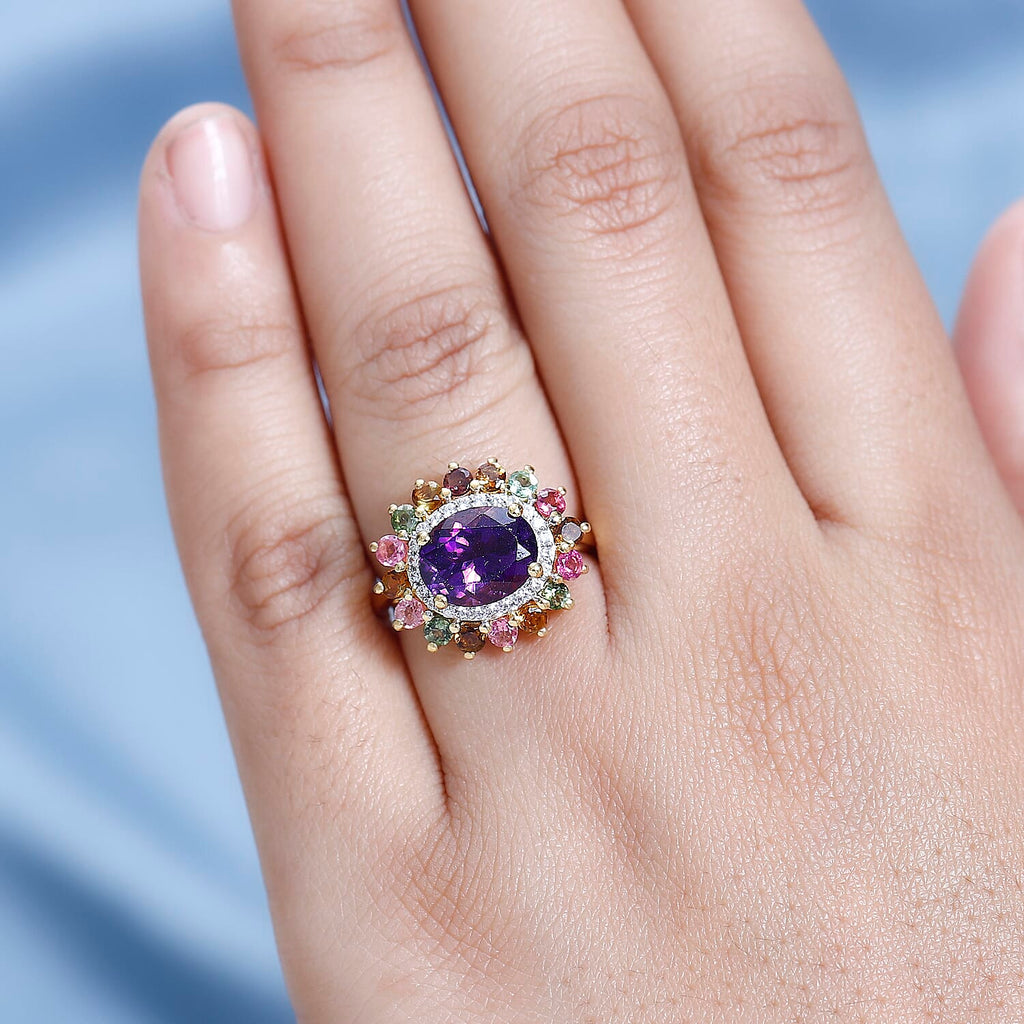 Moroccan Amethyst, Natural Zircon & Multi-Tourmaline Floral Ring in 18K Yellow Gold Vermeil Plated Sterling Silver 4.18 Ct.