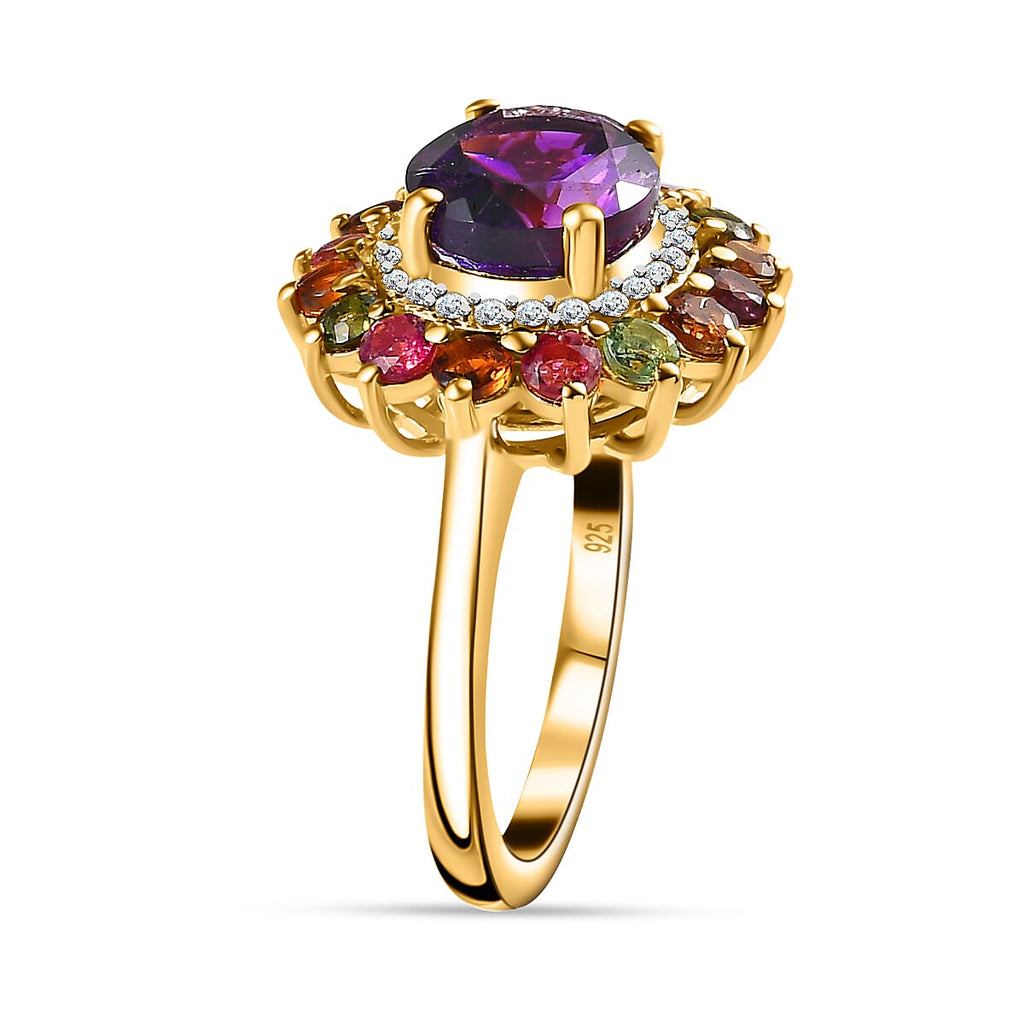 Moroccan Amethyst, Natural Zircon & Multi-Tourmaline Floral Ring in 18K Yellow Gold Vermeil Plated Sterling Silver 4.18 Ct.