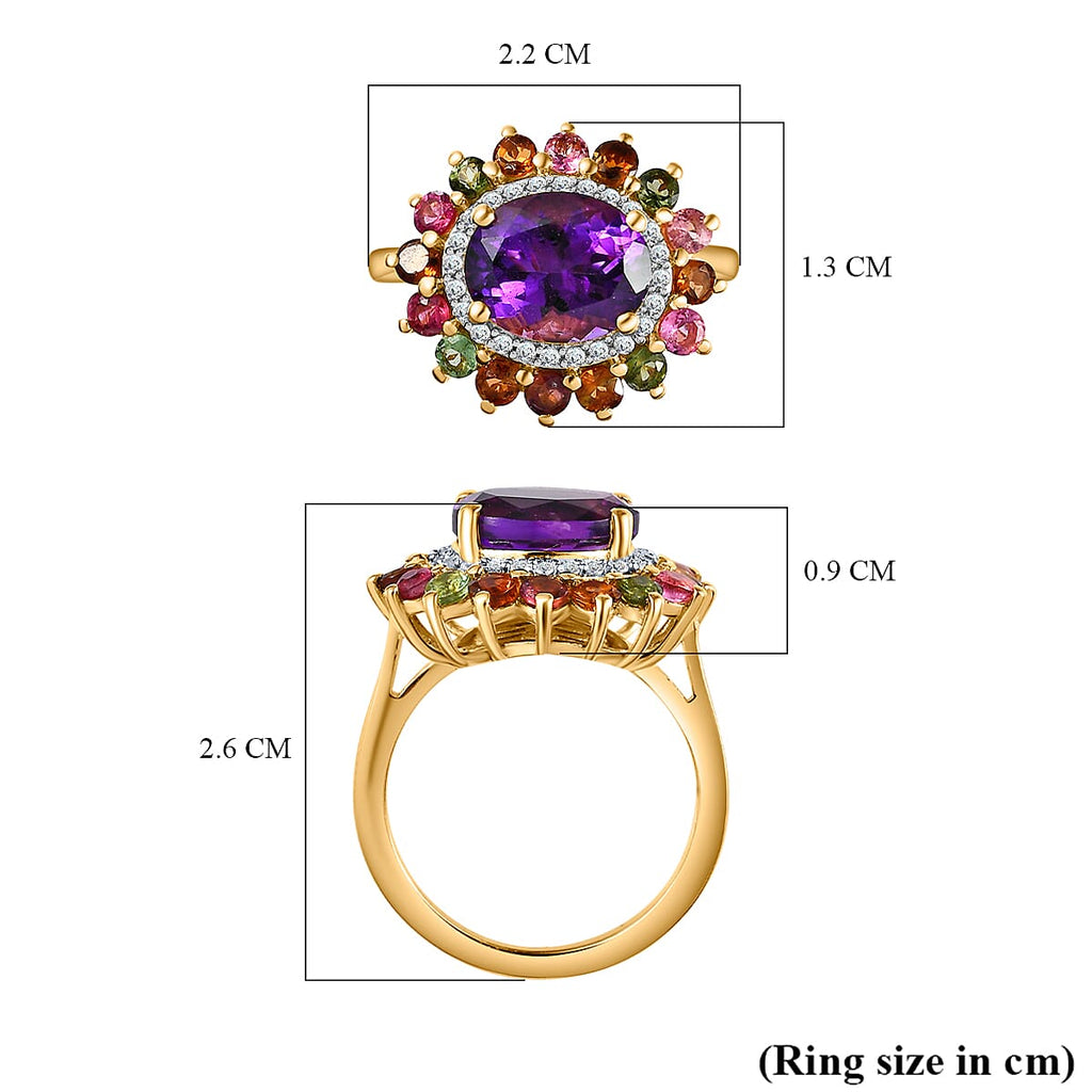 Moroccan Amethyst, Natural Zircon & Multi-Tourmaline Floral Ring in 18K Yellow Gold Vermeil Plated Sterling Silver 4.18 Ct.