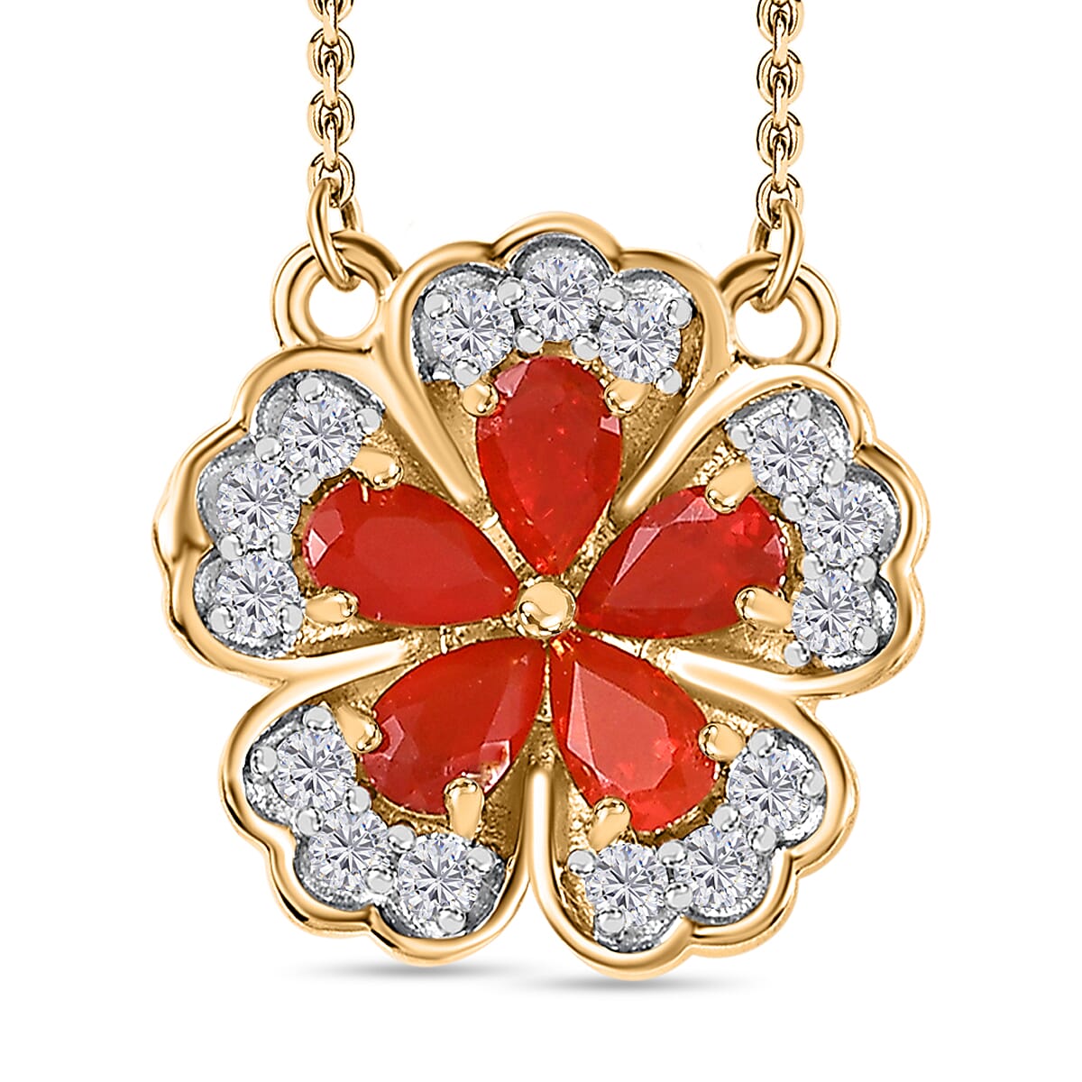 Salamanca Fire Opal &amp; Natural Zircon Floral Necklace (Size - 20) in 18K Gold Vermeil Sterling Silver 1.20 Ct. 7696195 0