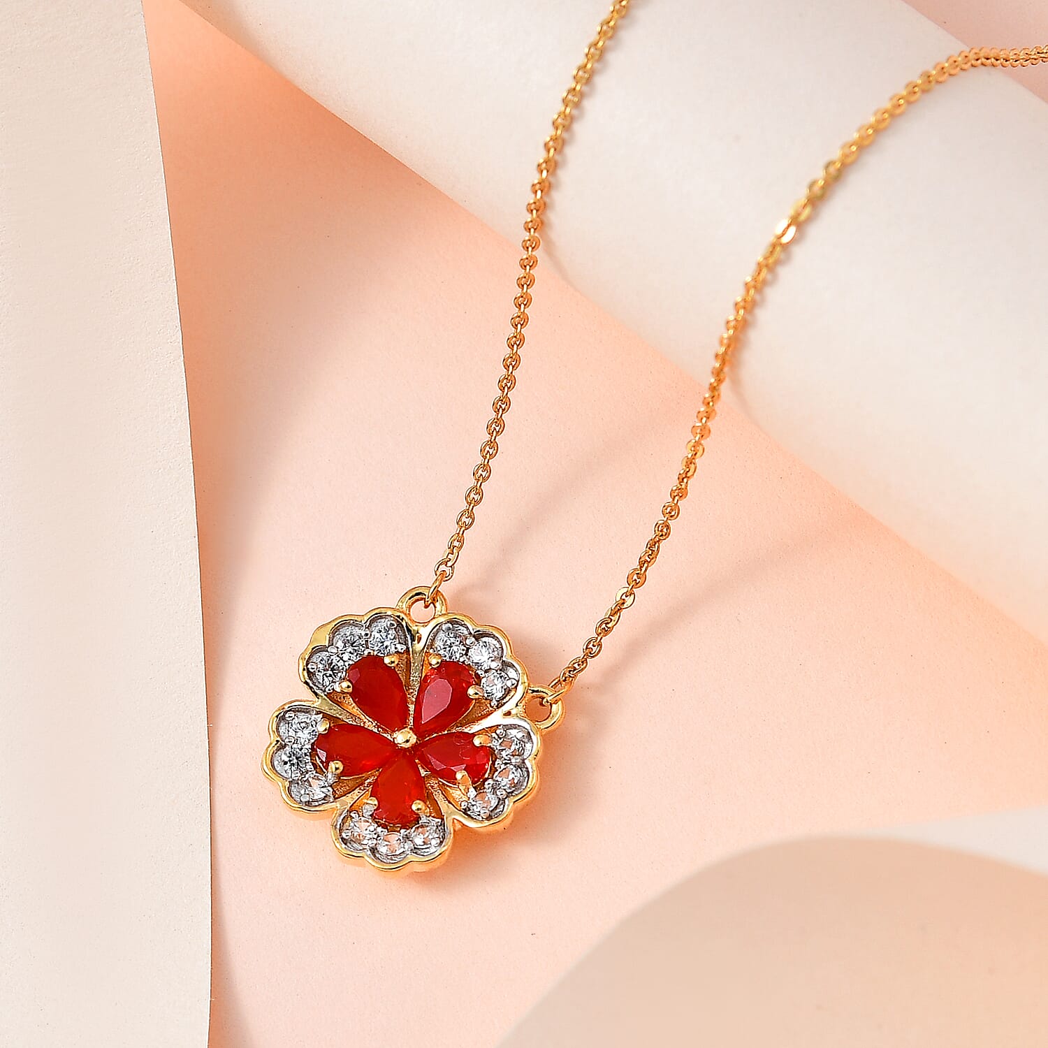 Salamanca Fire Opal &amp; Natural Zircon Floral Necklace (Size - 20) in 18K Gold Vermeil Sterling Silver 1.20 Ct. 7696195 1