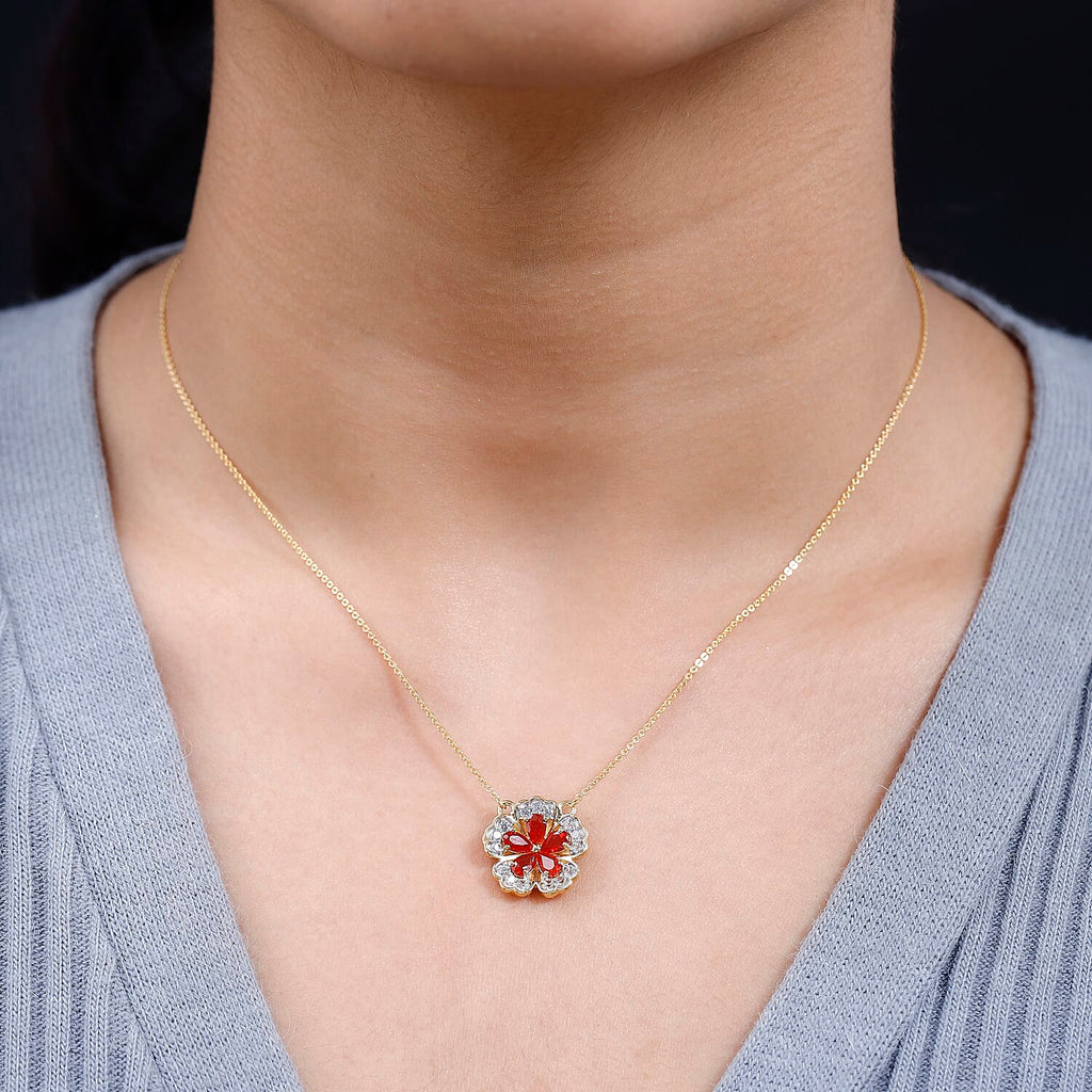 Salamanca Fire Opal & Natural Zircon Floral Necklace (Size - 20) in 18K Gold Vermeil Sterling Silver 1.20 Ct.