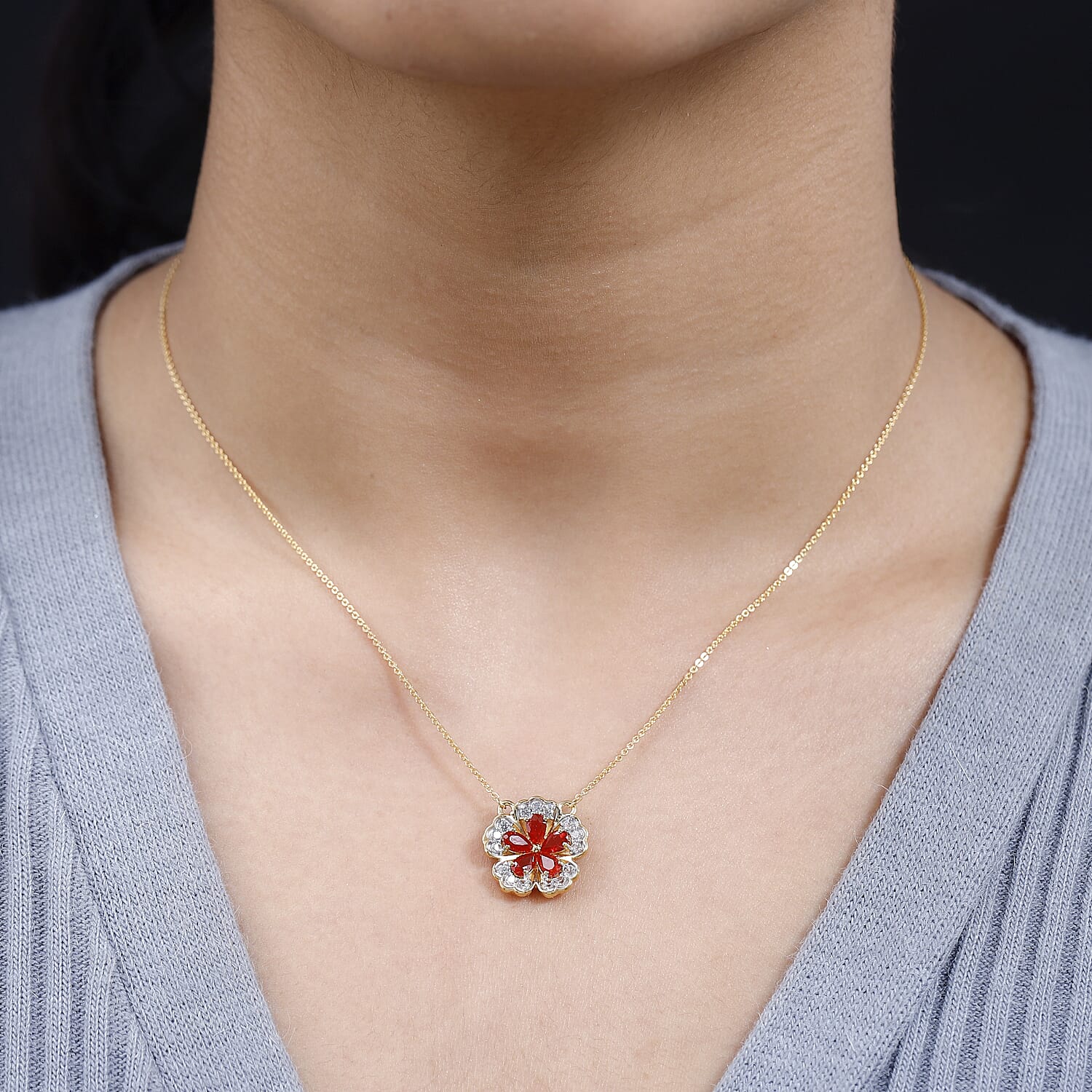 Salamanca Fire Opal &amp; Natural Zircon Floral Necklace (Size - 20) in 18K Gold Vermeil Sterling Silver 1.20 Ct. 7696195 2