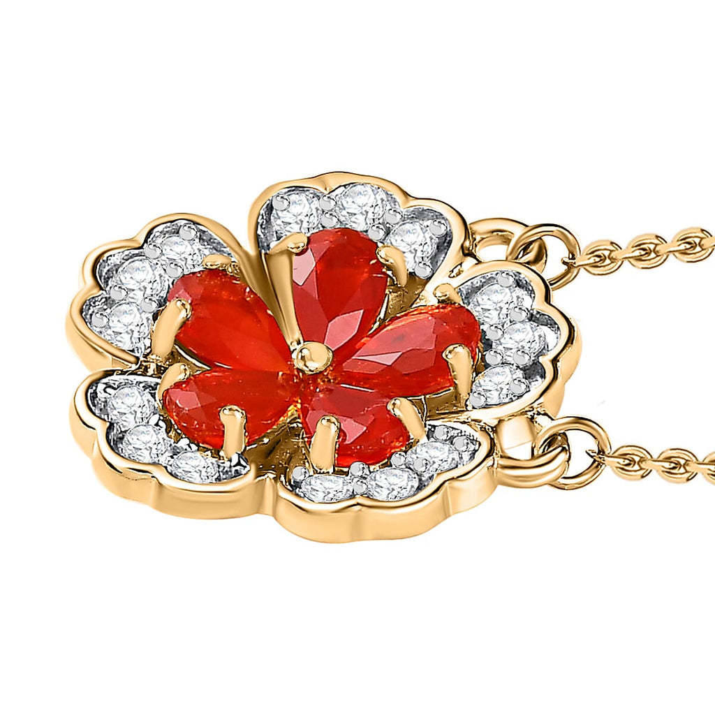 Salamanca Fire Opal & Natural Zircon Floral Necklace (Size - 20) in 18K Gold Vermeil Sterling Silver 1.20 Ct.