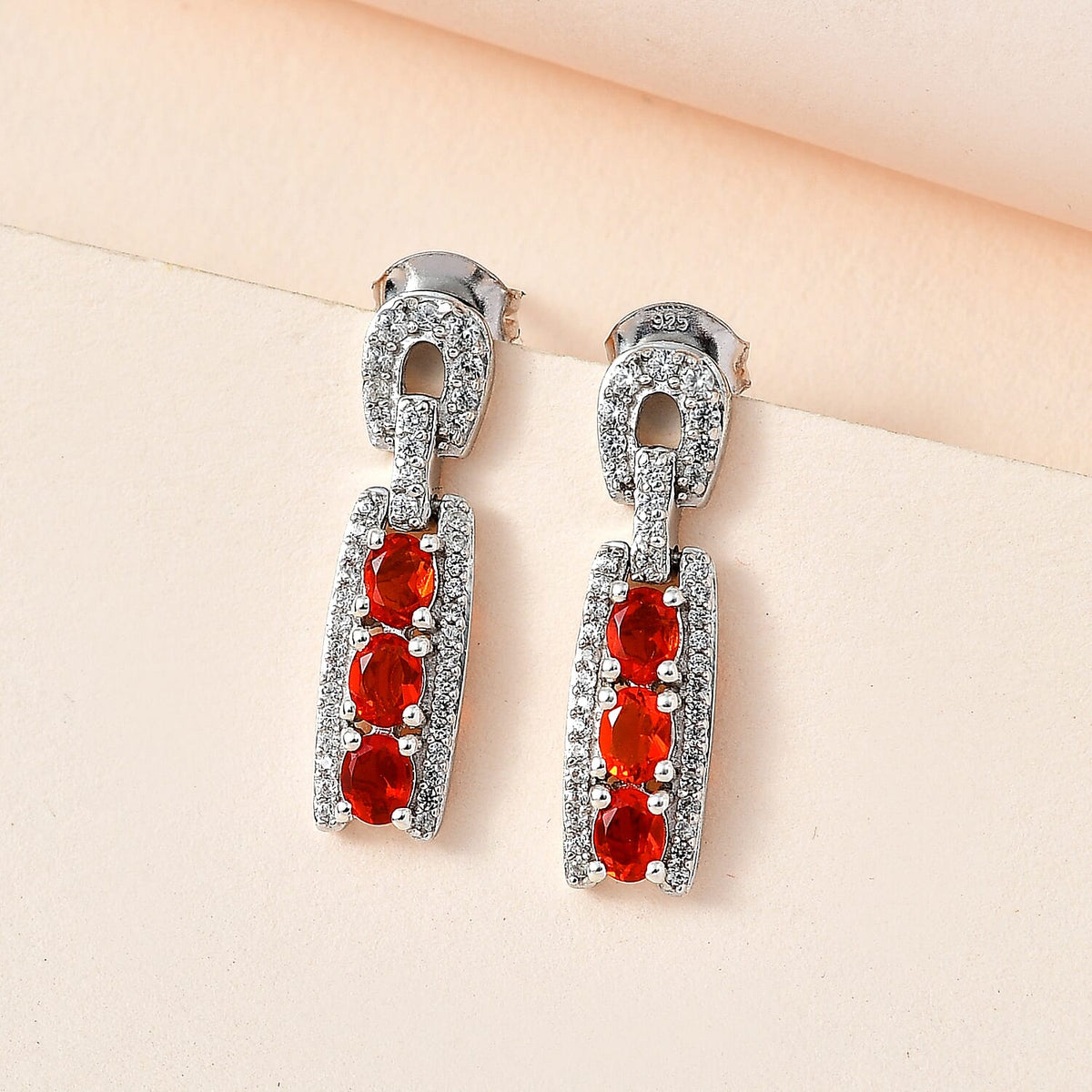 Salamanca Fire Opal &amp; Natural Zircon Snaffle Earrings in Platinum Overlay Sterling Silver 1.40 Ct 7696205 1