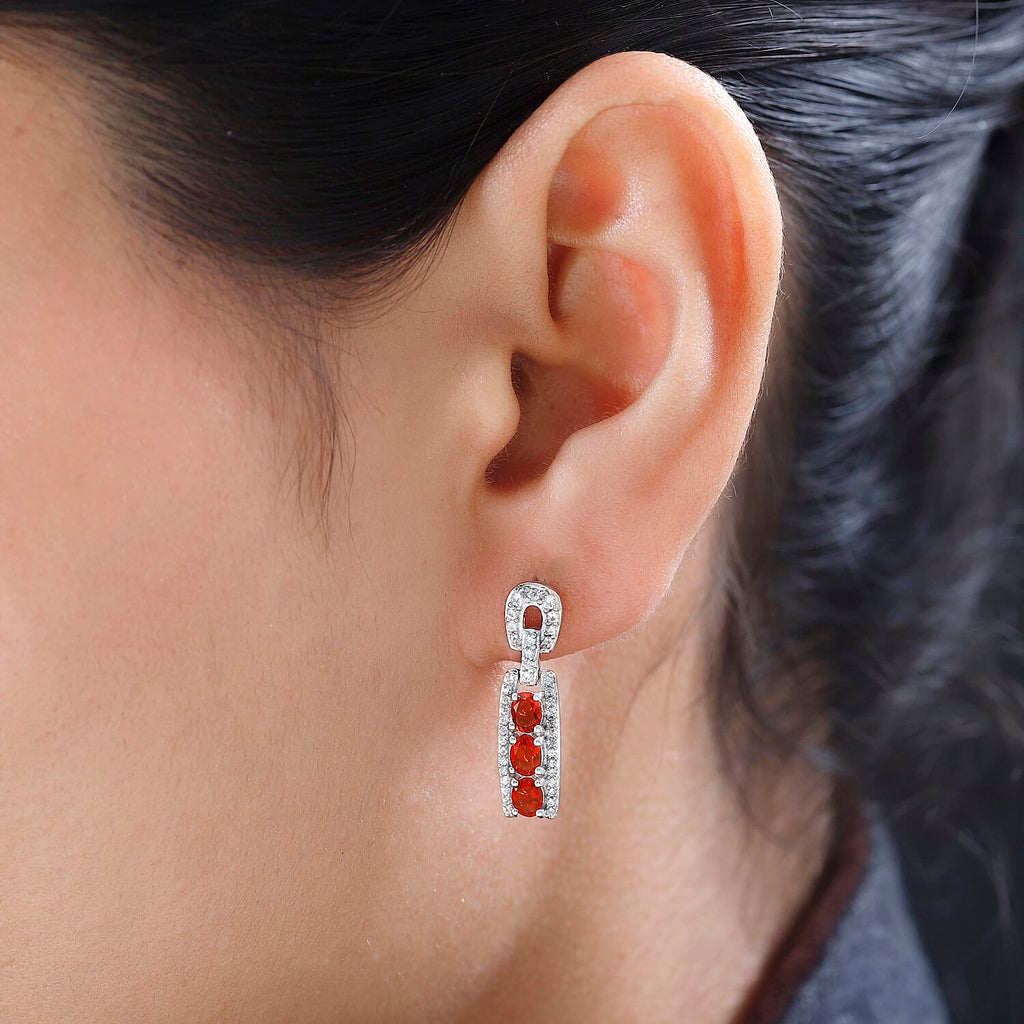 Salamanca Fire Opal & Natural Zircon Snaffle Earrings in Platinum Overlay Sterling Silver 1.40 Ct