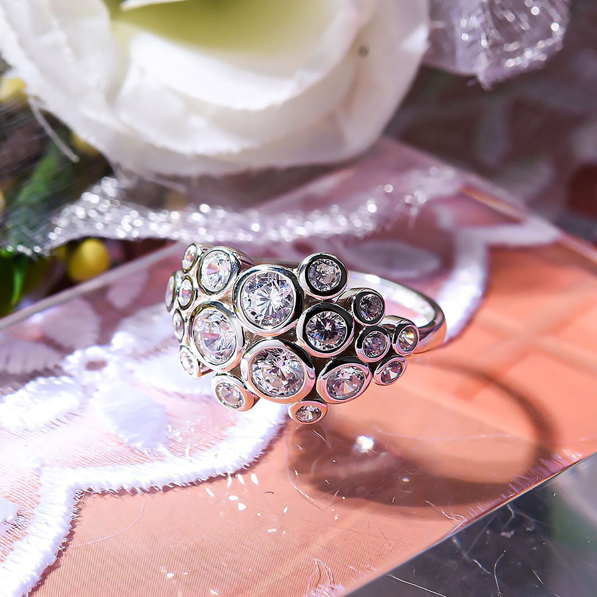 Designer Inspired Cubic Zirconia Bubble Ring in Rhodium Overlay Sterling Silver 7697866 2