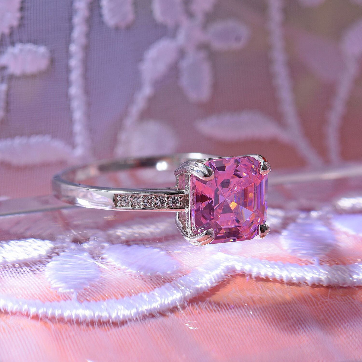 NY Close Out - Pink &amp; White Cubic Zirconia Ring in Rhodium Overlay Sterling Silver 7697879 1