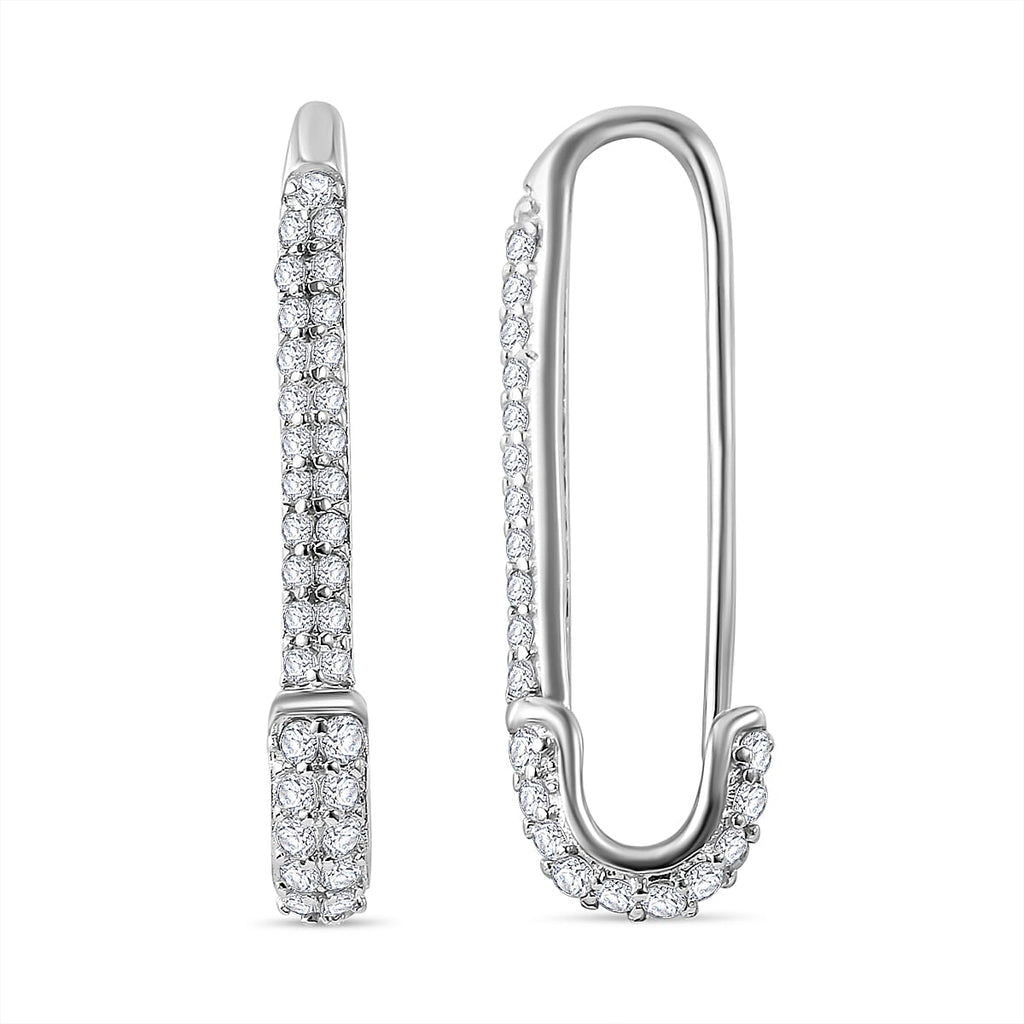 Cubic Zirconia Pin Hoop Earrings in Rhodium Overlay Sterling Silver