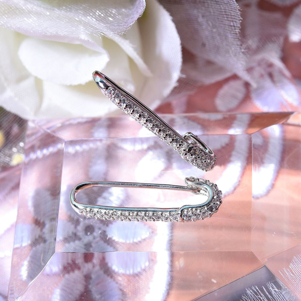 Cubic Zirconia Pin Hoop Earrings in Rhodium Overlay Sterling Silver