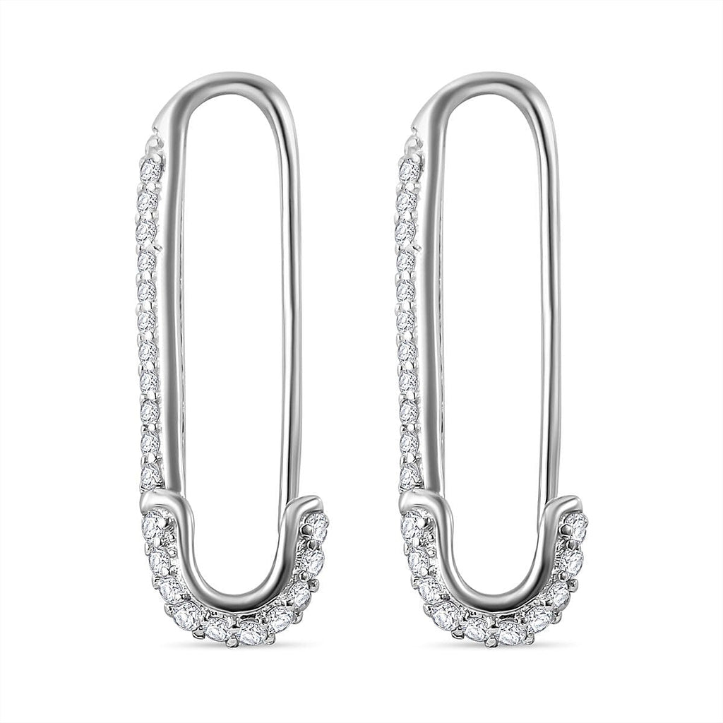 Cubic Zirconia Pin Hoop Earrings in Rhodium Overlay Sterling Silver