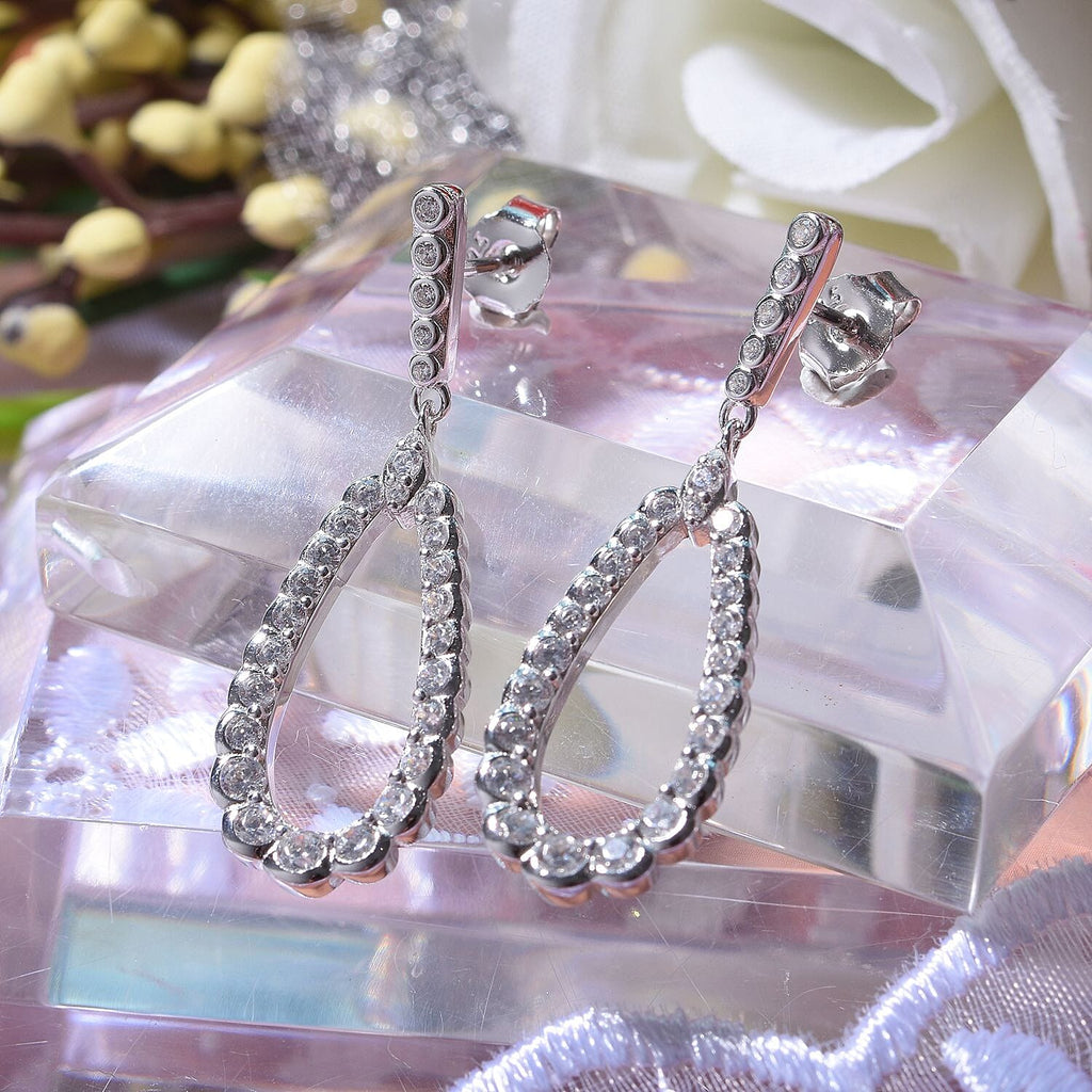 Cubic Zirconia Dangle Earrings in Rhodium Overlay Sterling Silver, Silver Wt. 5.00 Gms
