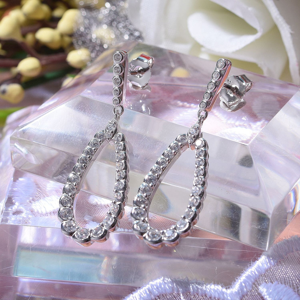 Cubic Zirconia Dangle Earrings in Rhodium Overlay Sterling Silver, Silver Wt. 5.00 Gms 7698146 1