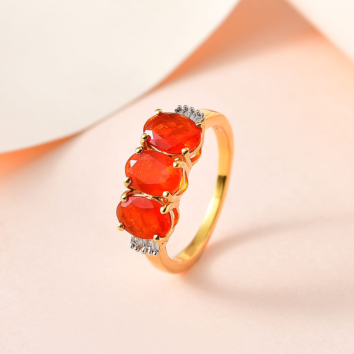 Queretaro Fire Opal &amp; Diamond Trilogy Ring in 18K Gold Vermeil Sterling Silver 1.60 Ct. 7698554 1
