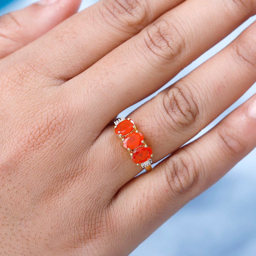 Queretaro Fire Opal & Diamond Trilogy Ring in 18K Gold Vermeil Sterling Silver 1.60 Ct.