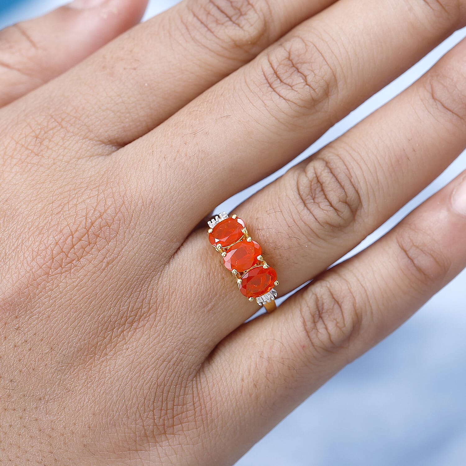 Queretaro Fire Opal &amp; Diamond Trilogy Ring in 18K Gold Vermeil Sterling Silver 1.60 Ct. 7698554 2