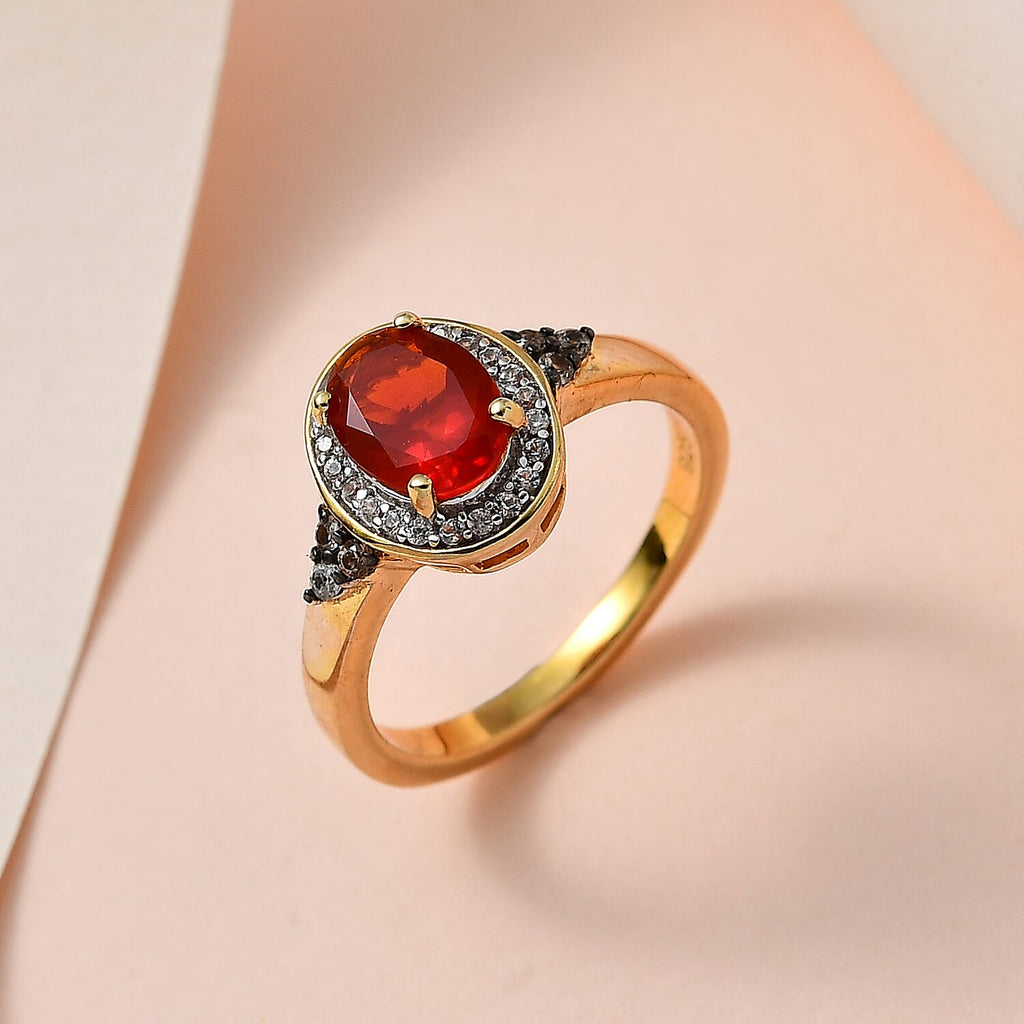 Salamanca Fire Opal, White & Coffee Zircon Ring in 18K Gold Vermeil Sterling Silver 1.15 Ct.