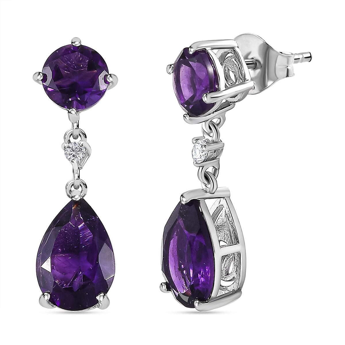 AAA Amethyst &amp; Natural Zircon Dangle Earrings in Platinum Overlay Sterling Silver 7.81 Ct 7700490 0