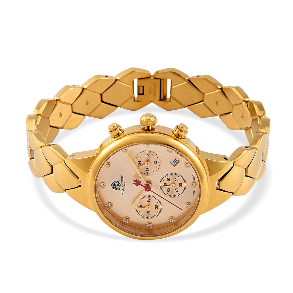 WILLIAM HUNT Japan Movt. Gold Dial 5 ATM Water Resistant Moissanite Watch with Stainless Steel Chain Strap