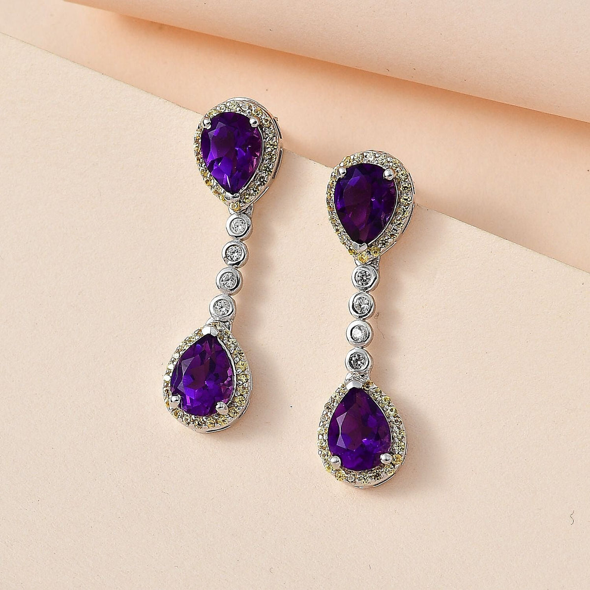 AAA Amethyst, Yellow Sapphire &amp; Natural Zircon Dangle Earrings in Platinum Overlay Sterling Silver 4.81 Ct 7705908 2