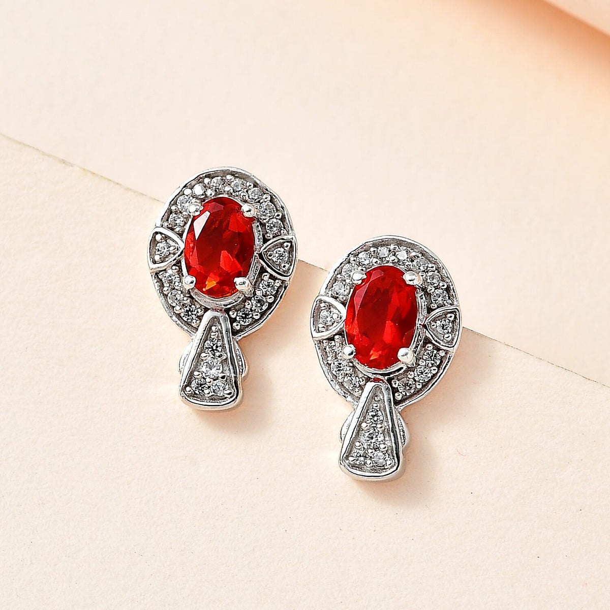 Salamanca Fire Opal &amp; Natural Zircon Earrings in Platinum Overlay Sterling Silver 1.00 Ct. 7707224 1