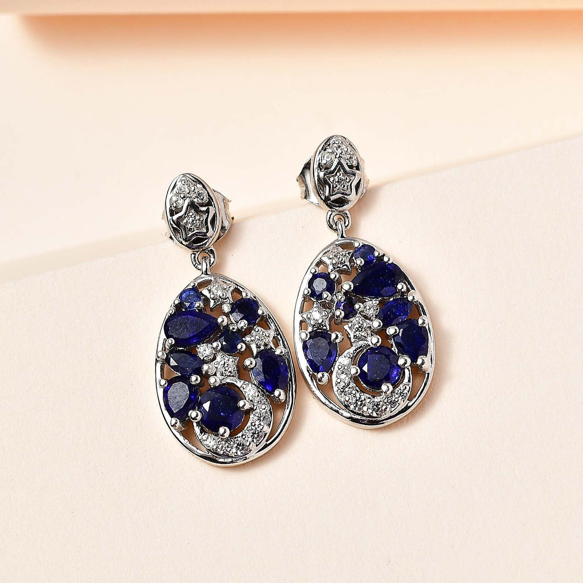 GP Celestial Collection - Masoala Sapphire &amp; Natural Zircon EASTER EGG Dangle Earrings in Platinum Overlay Sterling Silver 3.00 Ct. 7708159 2