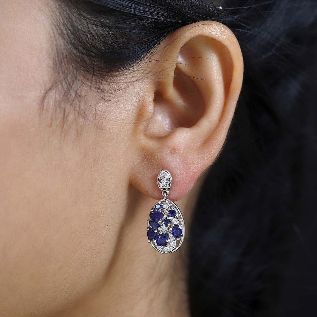 GP Celestial Collection - Masoala Sapphire & Natural Zircon EASTER EGG Dangle Earrings in Platinum Overlay Sterling Silver 3.00 Ct.