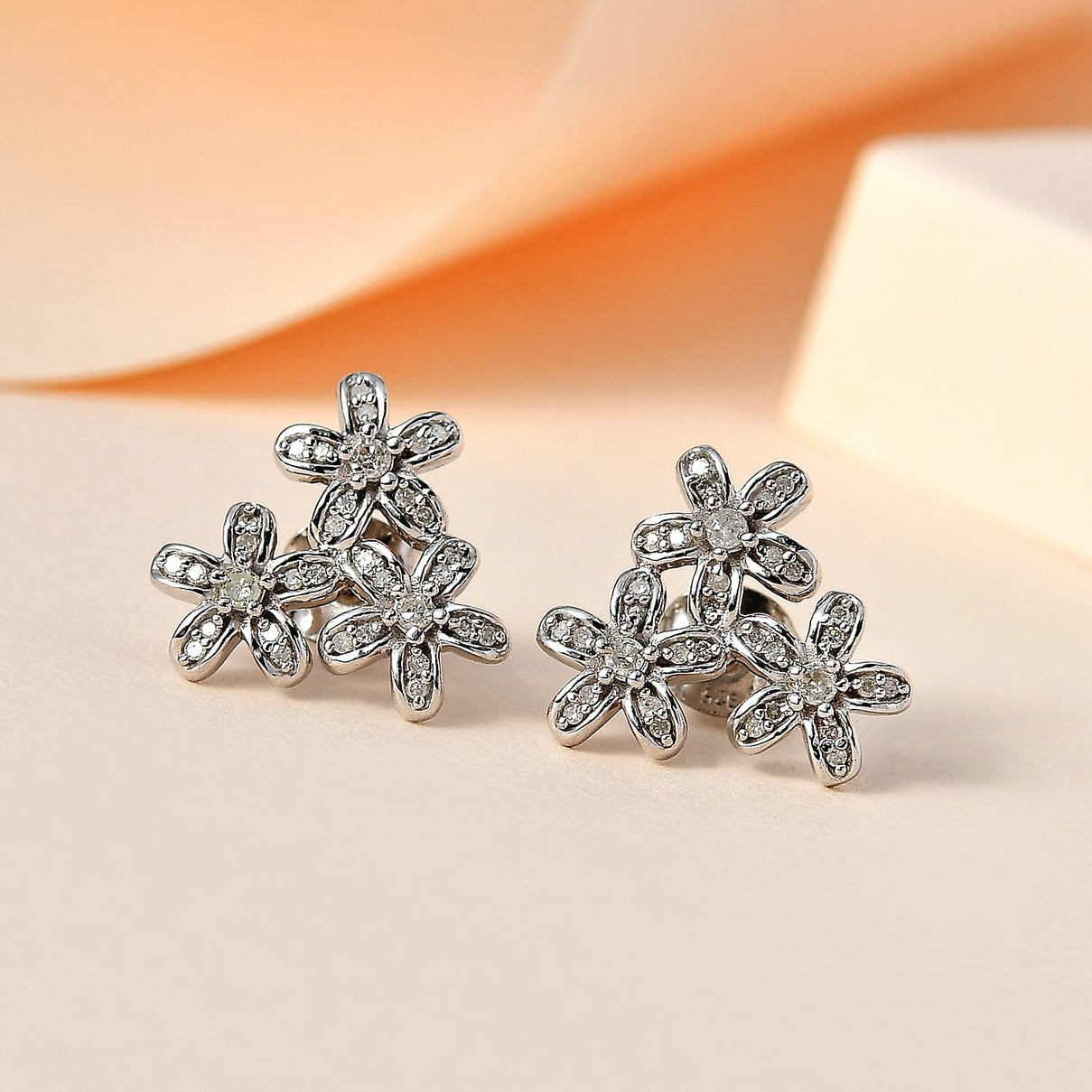 Diamond Floral Stud Earrings in Platinum Overlay Sterling Silver 0.33 Ct 7710856 1