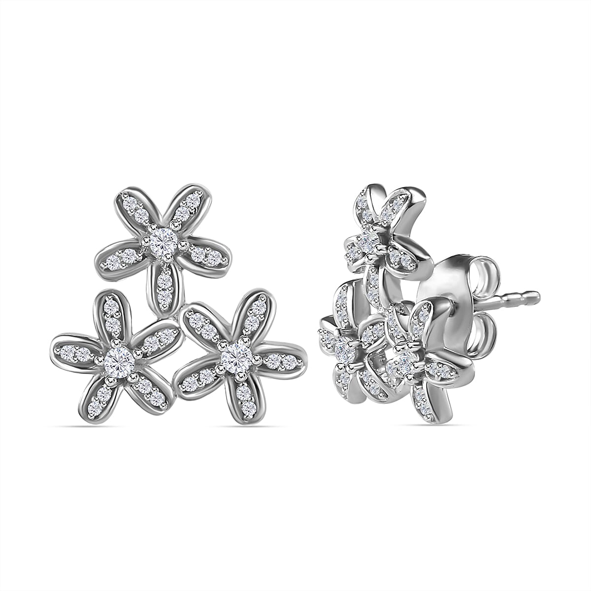 Diamond Floral Stud Earrings in Platinum Overlay Sterling Silver 0.33 Ct 7710856 3