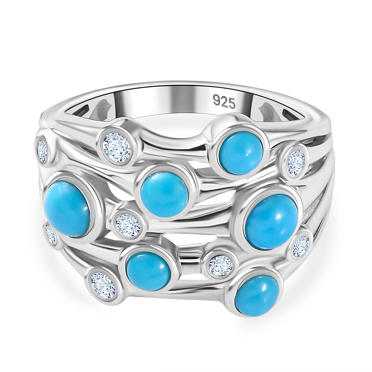 Tucson Special  - Sleeping Beauty Turquoise and Natural Zircon Bubble Ring in Platinum Overlay Sterling Silver 7711032 0